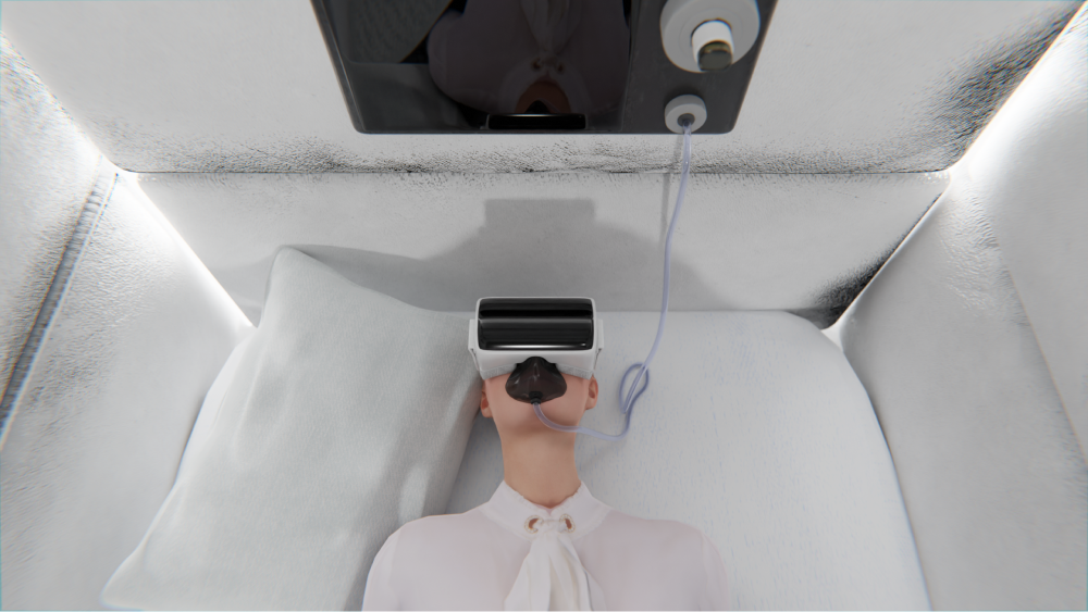 3D model of a lady wearing a VR device with a ventilator inside a sleeping pod