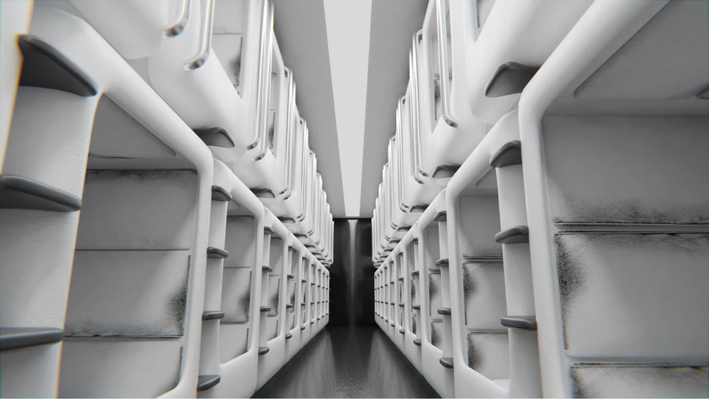 3D model of a large sleeping pod hallway