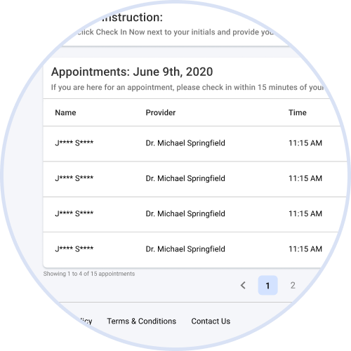 Close-up of the appointment list of the current CheckInApp