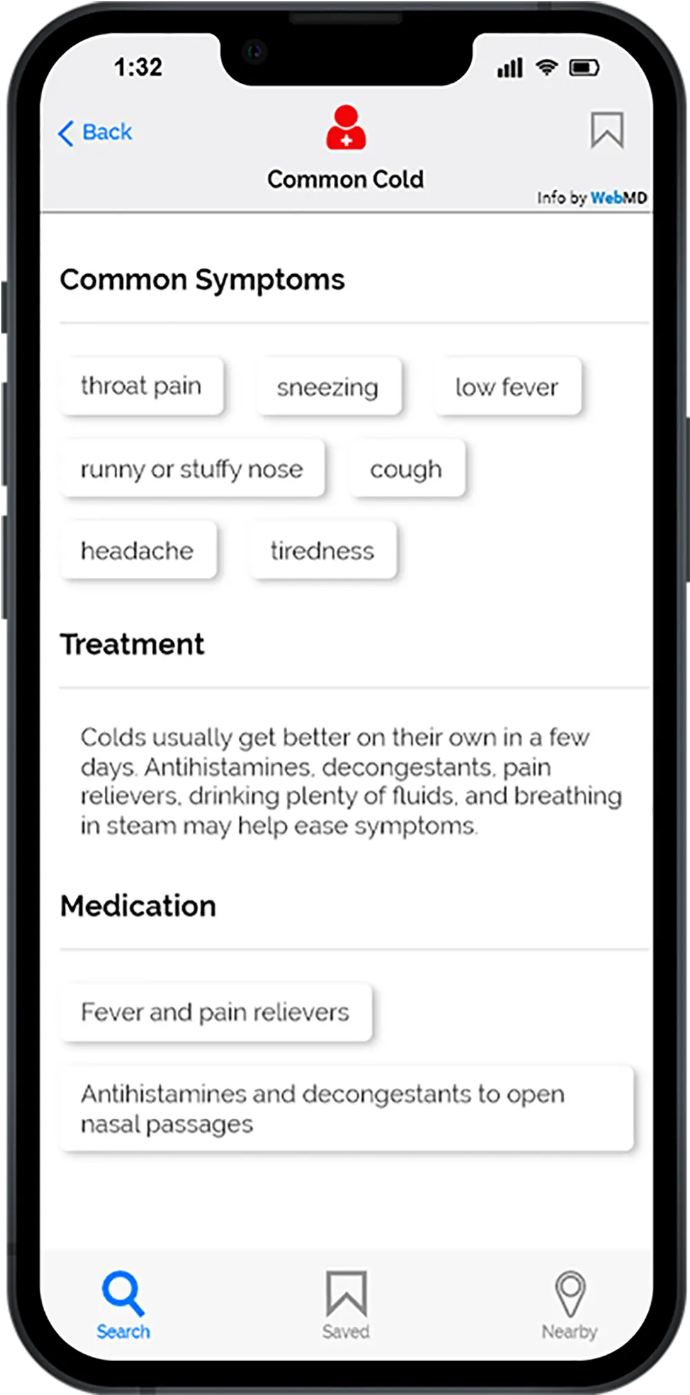 MedicApp common cold page with treatment information