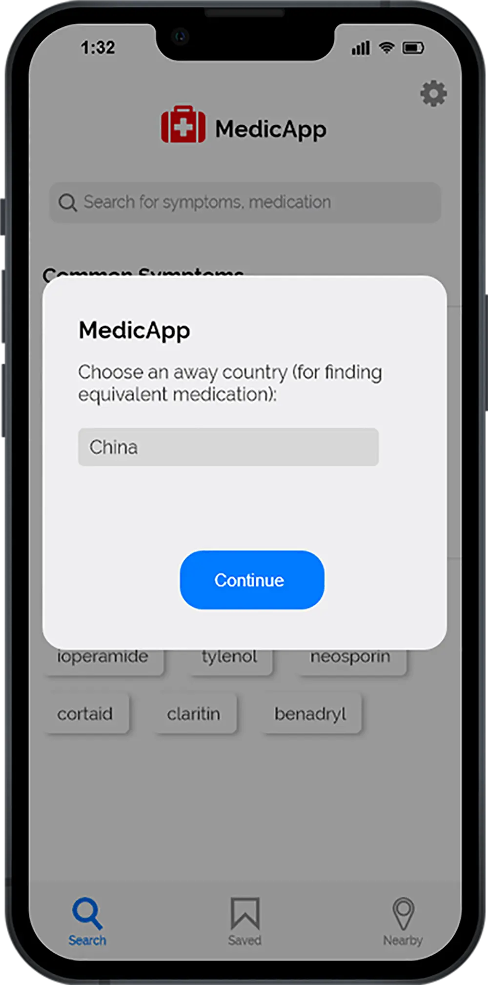MedicApp select a country screen
