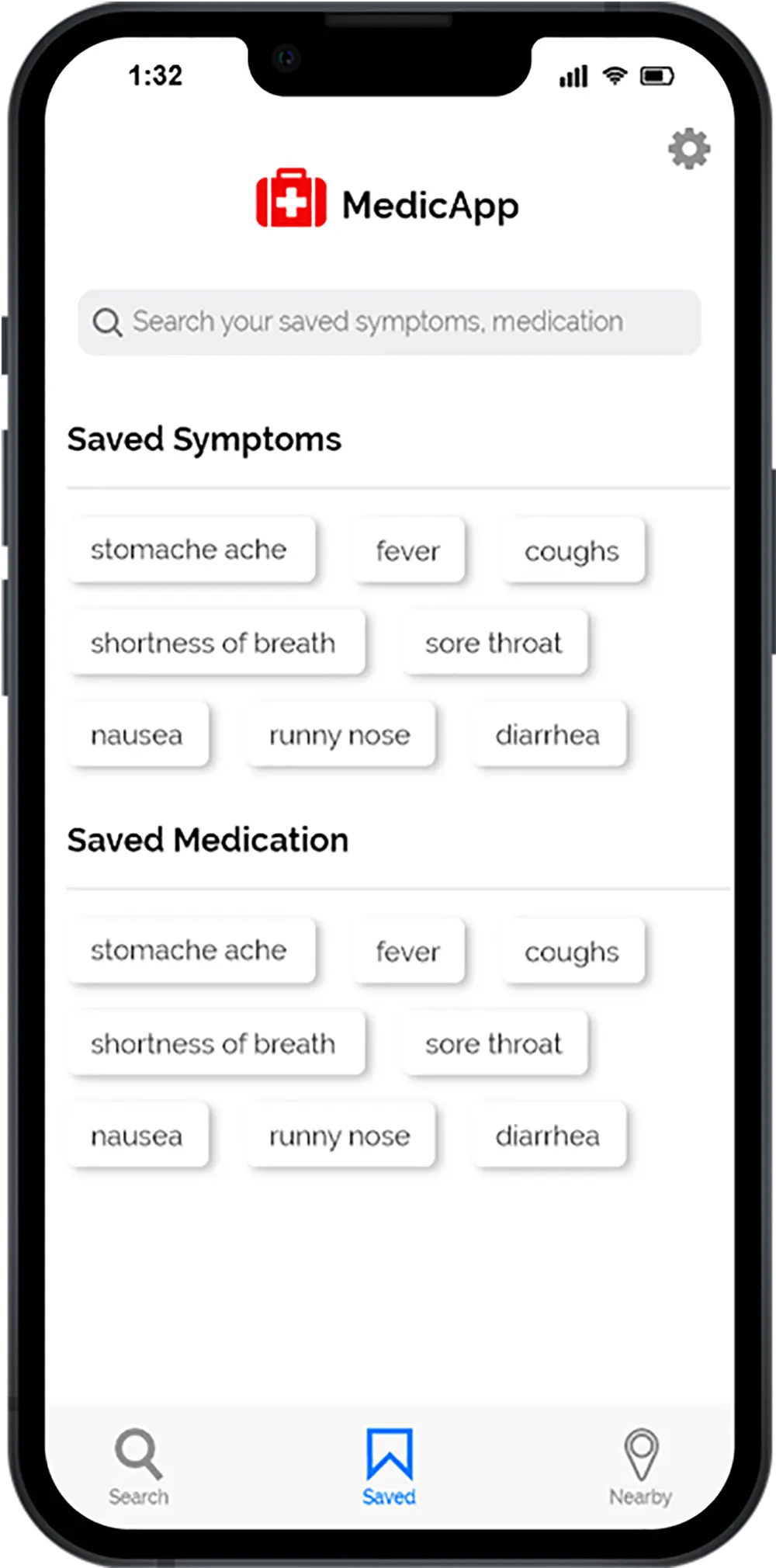 MedicApp saved page with saved symptoms and medication