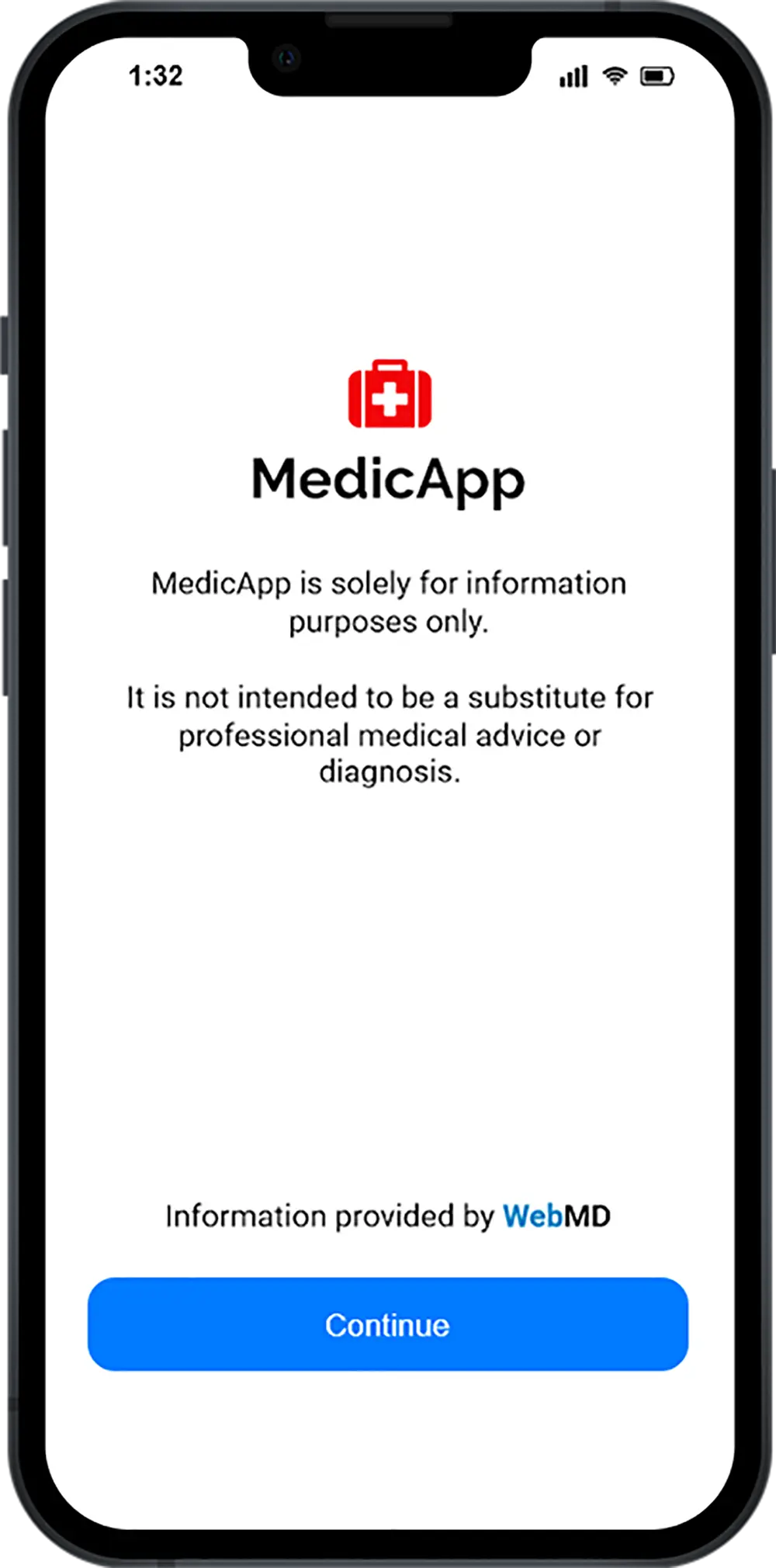 MedicApp start page with a disclaimer and continue button