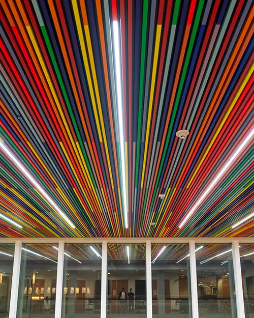 Colourful ceiling at the SFU Student Union Building