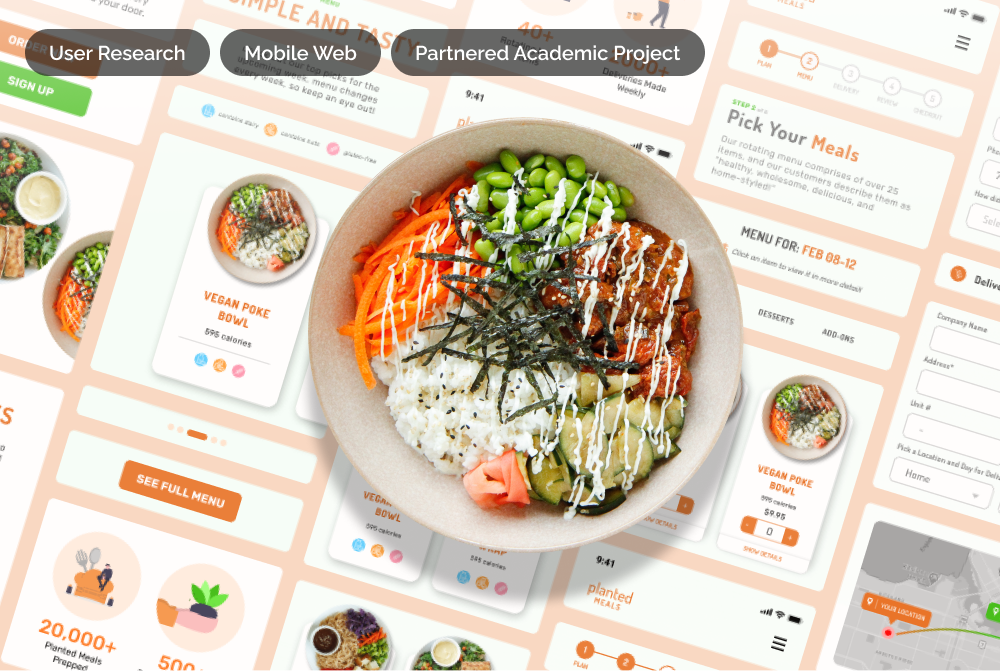 Bowl of food on top of a background of the Planted Meals mobile site