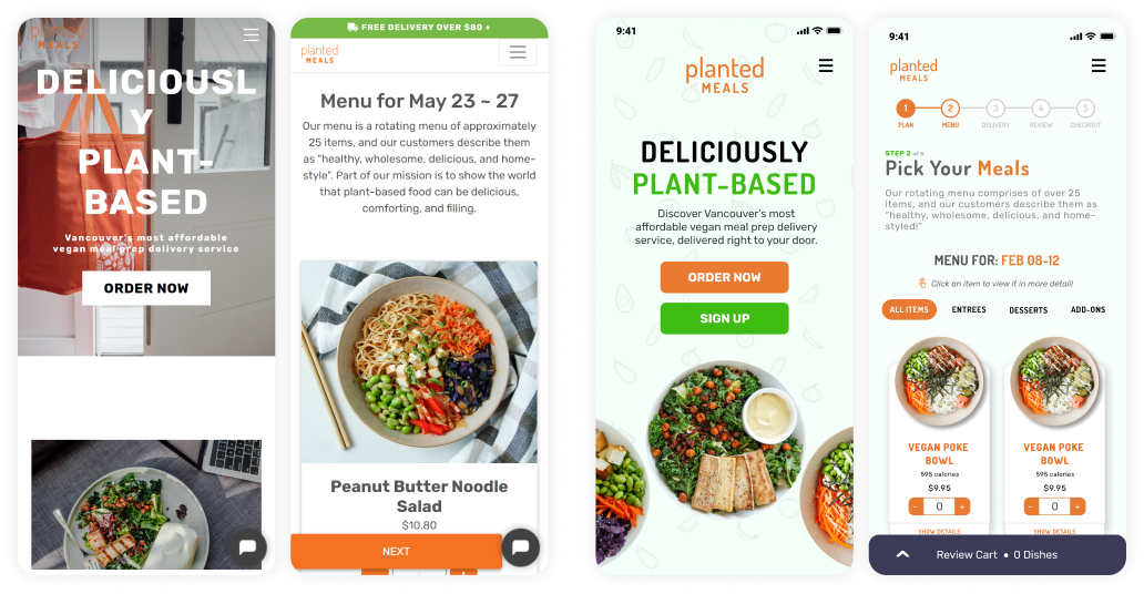 Planted Meals' current and new mobile website screens