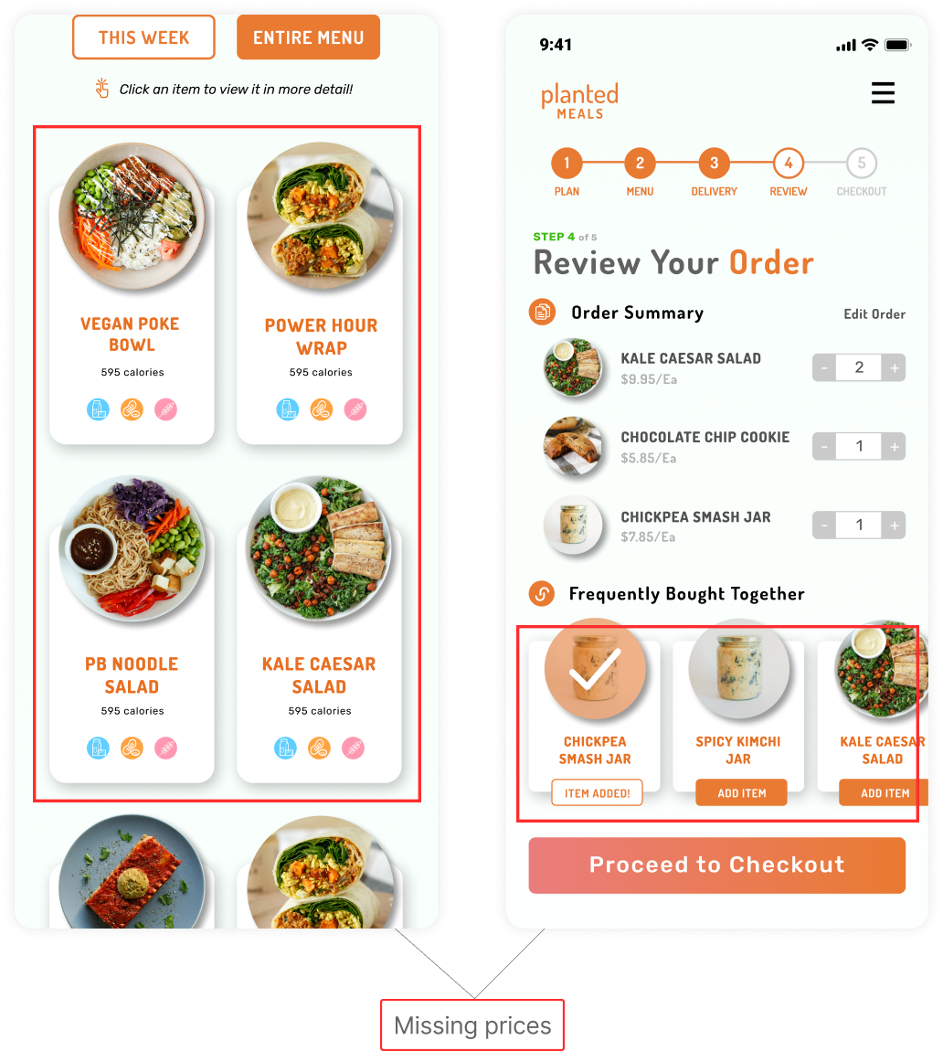 Missing prices on menu and Review Order page of Planted Meals